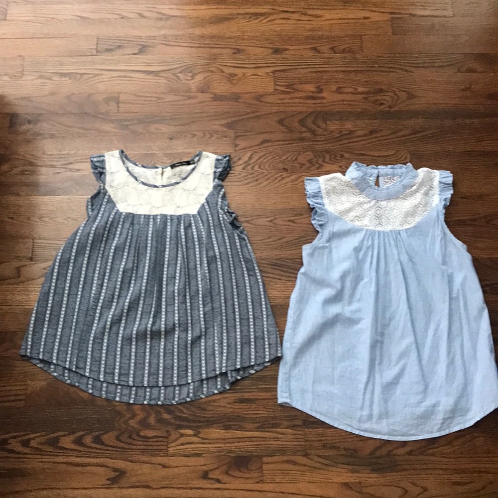 2 shirt lot: both flutter sleeveless, lace accents, button back closure. Size M